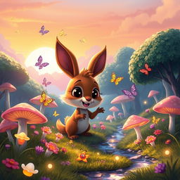 A vibrant 2D animation style landscape, showcasing a magical forest filled with oversized mushrooms and luminescent plants