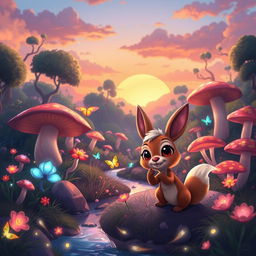 A vibrant 2D animation style landscape, showcasing a magical forest filled with oversized mushrooms and luminescent plants