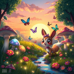 A vibrant 2D animation style landscape, showcasing a magical forest filled with oversized mushrooms and luminescent plants