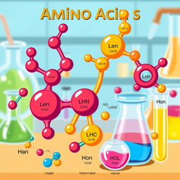 A colorful and detailed illustration of various amino acids, showcasing their molecular structures