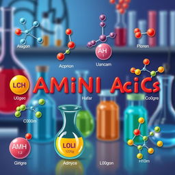 A colorful and detailed illustration of various amino acids, showcasing their molecular structures