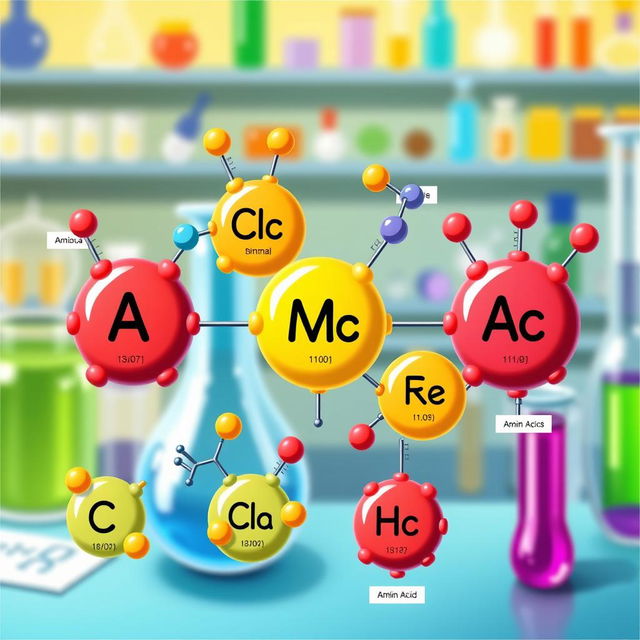 A colorful and detailed illustration of various amino acids, showcasing their molecular structures