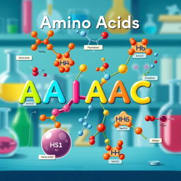 A colorful and detailed illustration of various amino acids, showcasing their molecular structures