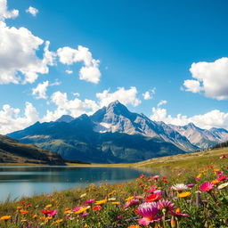 A breathtaking landscape featuring a majestic mountain range under a clear blue sky, with fluffy white clouds scattered throughout
