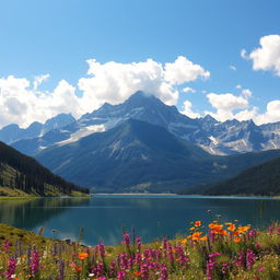 A breathtaking landscape featuring a majestic mountain range under a clear blue sky, with fluffy white clouds scattered throughout