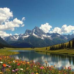 A breathtaking landscape featuring a majestic mountain range under a clear blue sky, with fluffy white clouds scattered throughout