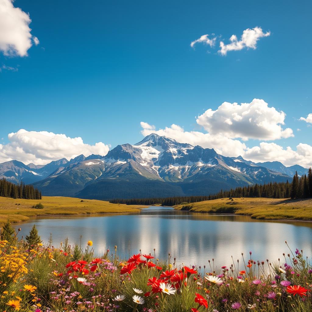 A breathtaking landscape featuring a majestic mountain range under a clear blue sky, with fluffy white clouds scattered throughout