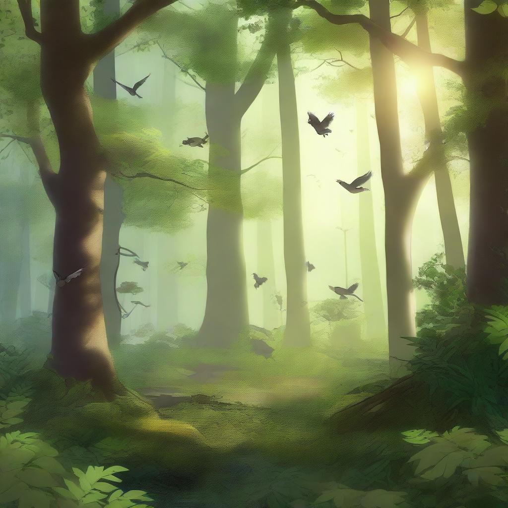 A high-quality digital art image depicting a serene forest filled with various types of birds