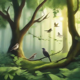 A high-quality digital art image depicting a serene forest filled with various types of birds