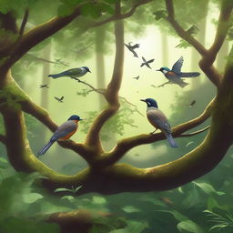 A high-quality digital art image depicting a serene forest filled with various types of birds