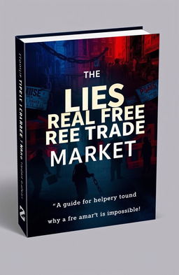 A visually striking and thought-provoking book cover design titled 'The Lies About a Real Free Trade Market'