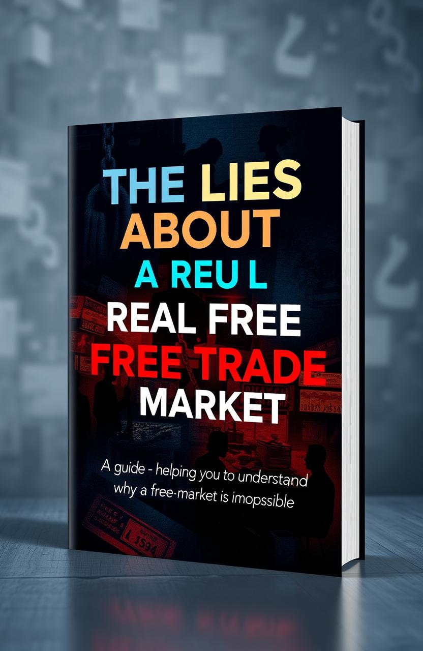 A visually striking and thought-provoking book cover design titled 'The Lies About a Real Free Trade Market'