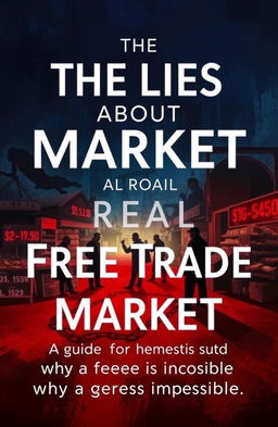 A visually striking and thought-provoking book cover design titled 'The Lies About a Real Free Trade Market'