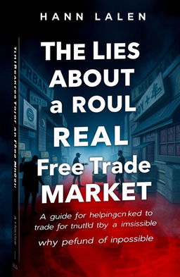 A visually striking and thought-provoking book cover design titled 'The Lies About a Real Free Trade Market'