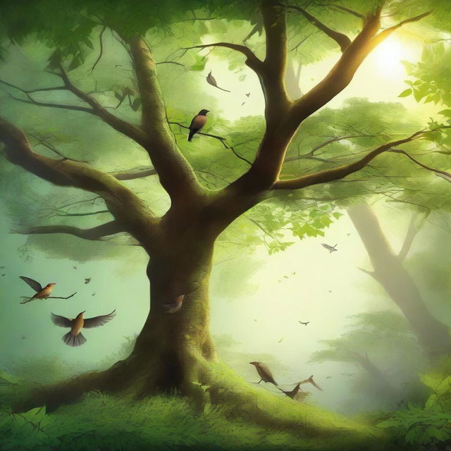 A high-quality digital art image depicting a serene forest filled with various types of birds