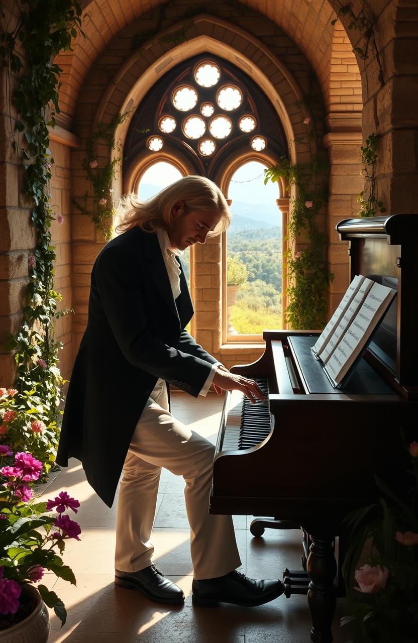 An elegant scene depicting Frédéric Chopin playing the piano in the beautiful setting of the Carthusian Monastery of Valldemossa