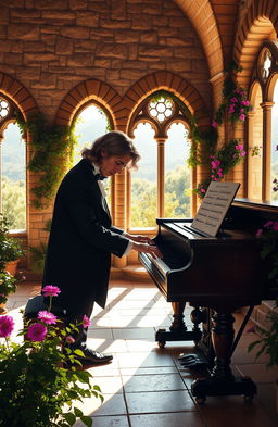 An elegant scene depicting Frédéric Chopin playing the piano in the beautiful setting of the Carthusian Monastery of Valldemossa
