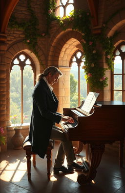 An elegant scene depicting Frédéric Chopin playing the piano in the beautiful setting of the Carthusian Monastery of Valldemossa