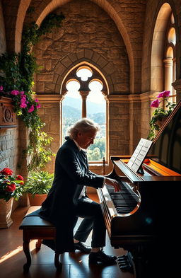 An elegant scene depicting Frédéric Chopin playing the piano in the beautiful setting of the Carthusian Monastery of Valldemossa