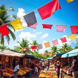 A vibrant, colorful scene depicting a bustling marketplace in Haiti, showcasing local vendors selling fresh fruit and vegetables