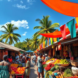 A vibrant, colorful scene depicting a bustling marketplace in Haiti, showcasing local vendors selling fresh fruit and vegetables