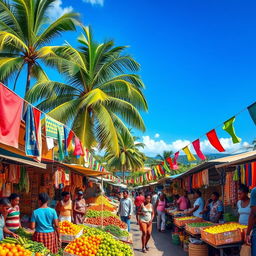 A vibrant, colorful scene depicting a bustling marketplace in Haiti, showcasing local vendors selling fresh fruit and vegetables
