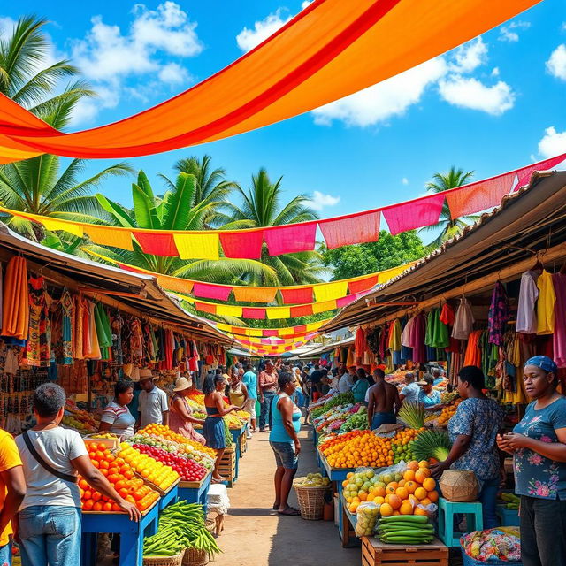 A vibrant, colorful scene depicting a bustling marketplace in Haiti, showcasing local vendors selling fresh fruit and vegetables