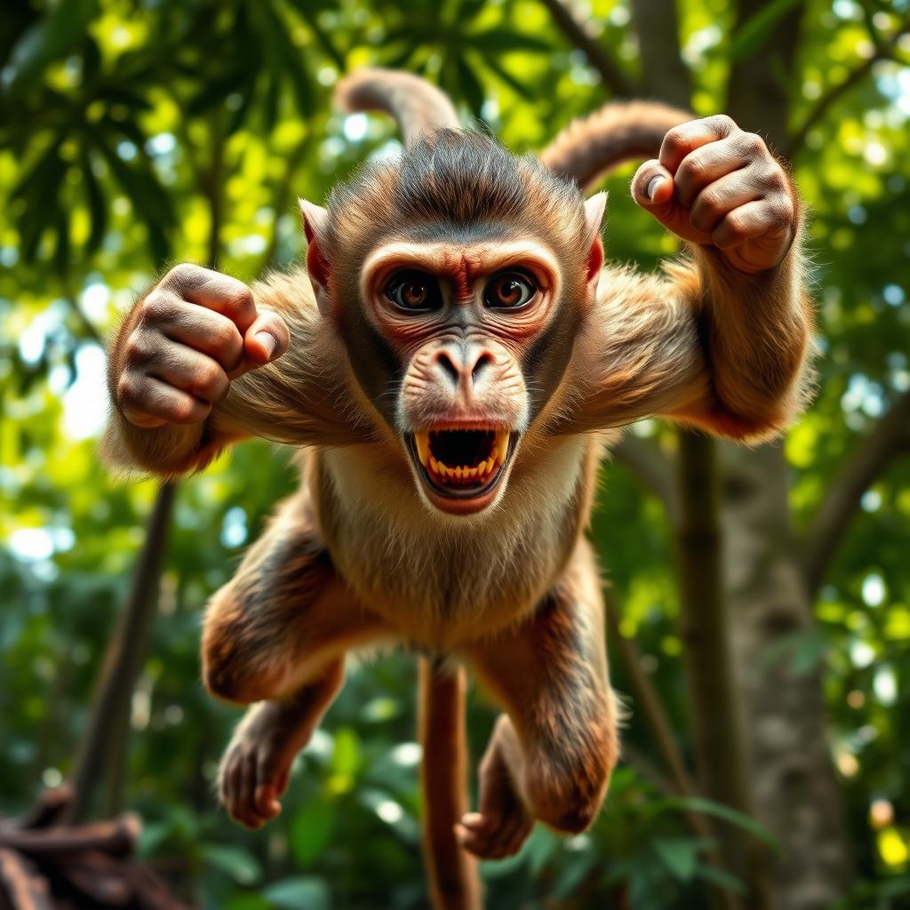 A fierce monkey jumping into a fight, displaying a determined expression on its face as it faces the viewer head-on