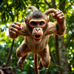 A fierce monkey jumping into a fight, displaying a determined expression on its face as it faces the viewer head-on
