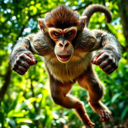 A fierce monkey jumping into a fight, displaying a determined expression on its face as it faces the viewer head-on