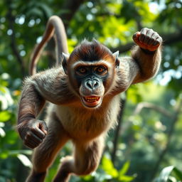 A fierce monkey jumping into a fight, displaying a determined expression on its face as it faces the viewer head-on