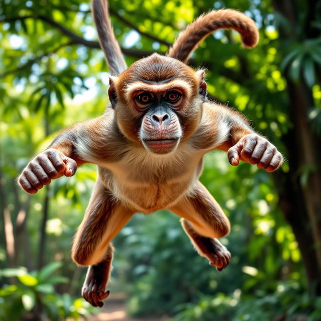 A fierce monkey jumping into a fight, displaying a determined expression on its face as it faces the viewer head-on