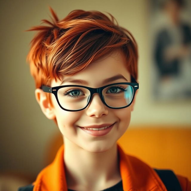 A girl with short red hair styled playfully, wearing fashionable glasses that accentuate her features