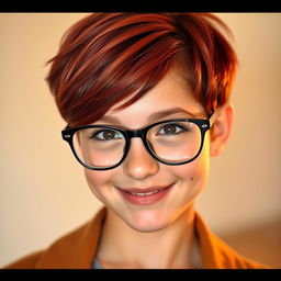 A girl with short red hair styled playfully, wearing fashionable glasses that accentuate her features