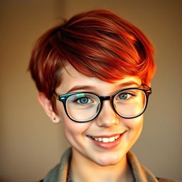 A girl with short red hair styled playfully, wearing fashionable glasses that accentuate her features