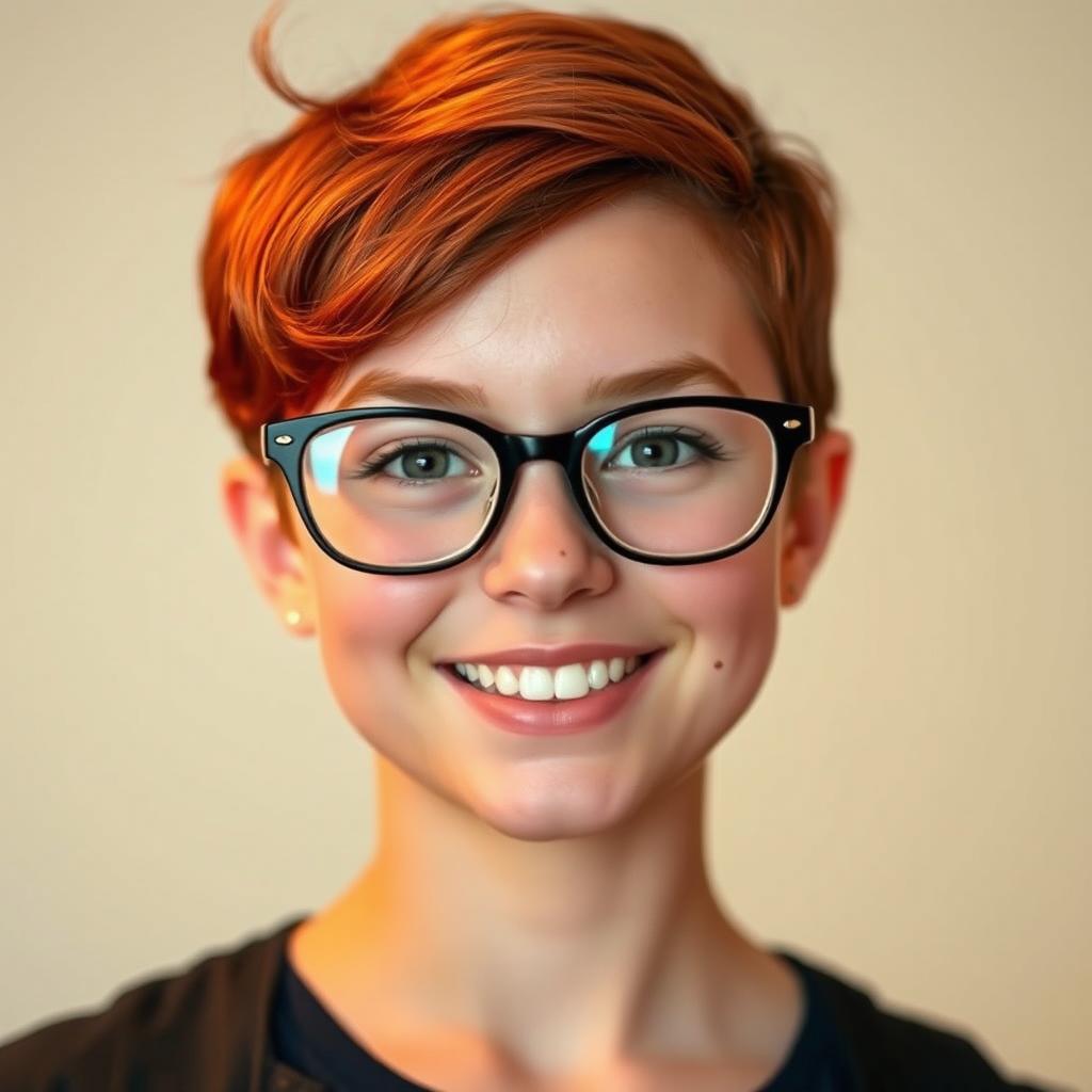 A girl with short red hair styled playfully, wearing fashionable glasses that accentuate her features
