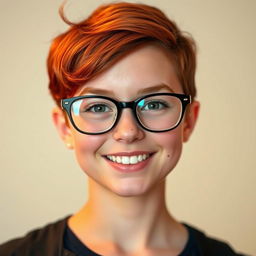 A girl with short red hair styled playfully, wearing fashionable glasses that accentuate her features