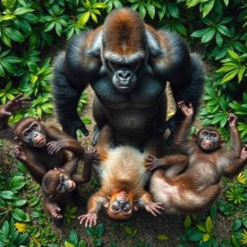 A dramatic scene showing five monkeys that have been knocked down by a powerful gorilla, captured from an overhead perspective