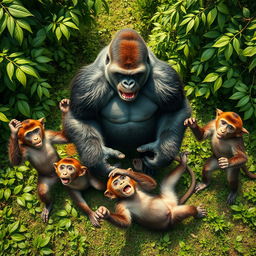 A dramatic scene showing five monkeys that have been knocked down by a powerful gorilla, captured from an overhead perspective