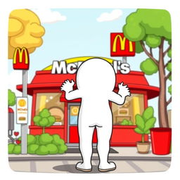 A white cartoon character standing in front of a McDonald's restaurant, depicted from the back side