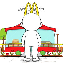 A white cartoon character standing in front of a McDonald's restaurant, depicted from the back side