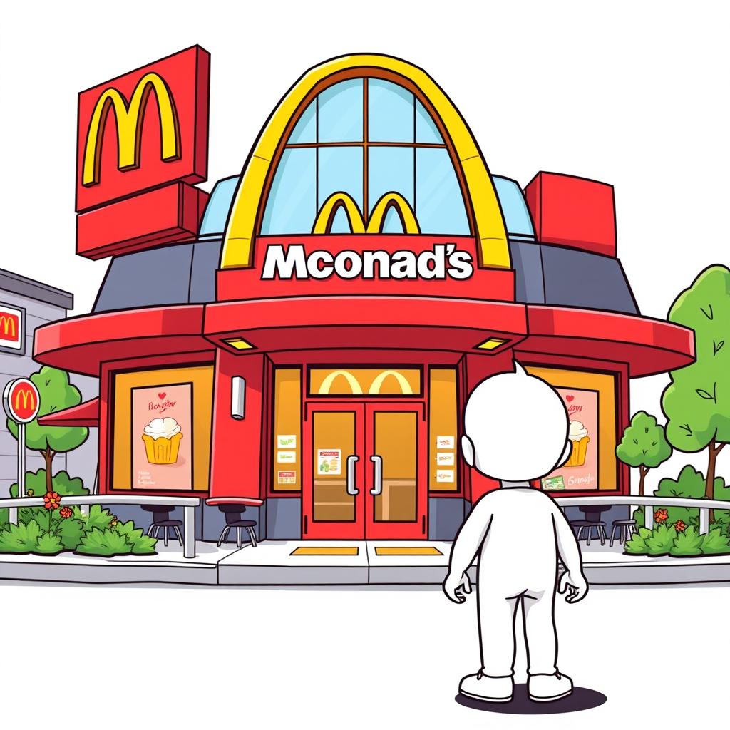 A white cartoon character standing in front of a McDonald's restaurant, depicted from the back side