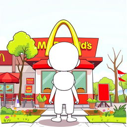 A white cartoon character standing in front of a McDonald's restaurant, depicted from the back side