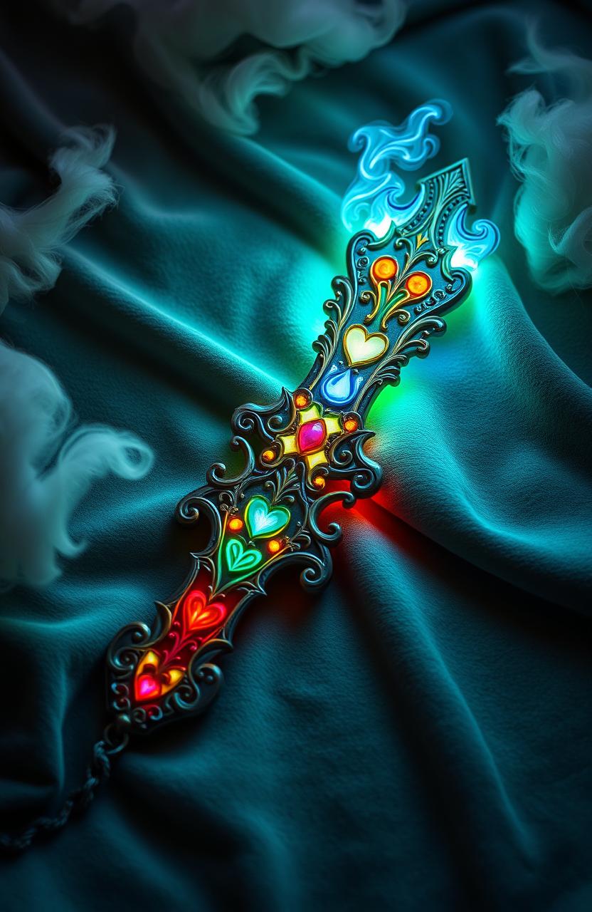 A beautifully crafted ornate weapon, symbolizing the concept of feelings, with intricate designs representing various emotions like joy, sadness, love, and anger