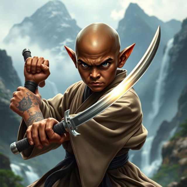 A dark-skinned bald halfling monk, clad in traditional martial arts robes, confidently wielding a shortsword