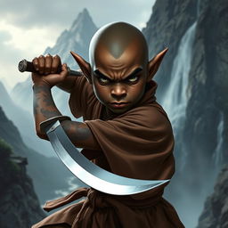 A dark-skinned bald halfling monk, clad in traditional martial arts robes, confidently wielding a shortsword