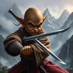 A dark-skinned bald halfling monk, clad in traditional martial arts robes, confidently wielding a shortsword