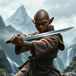 A dark-skinned bald halfling monk, clad in traditional martial arts robes, confidently wielding a shortsword