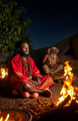 A 38-year-old black Rastafarian man, dressed in a vibrant red and gold robe, adorned with multicolored beads, peacefully sitting on lotus feet