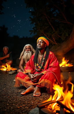 A 38-year-old black Rastafarian man, dressed in a vibrant red and gold robe, adorned with multicolored beads, peacefully sitting on lotus feet